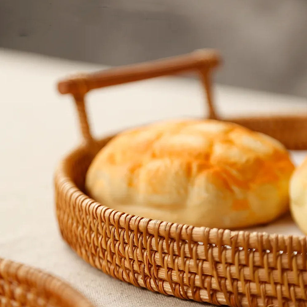 Set of 4 Handwoven Rattan Round Tray With Wooden Handle - Goraya Nesting