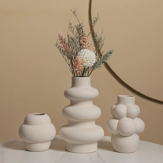 Cream Ceramic Threaded Flower Vase - Goraya Nesting