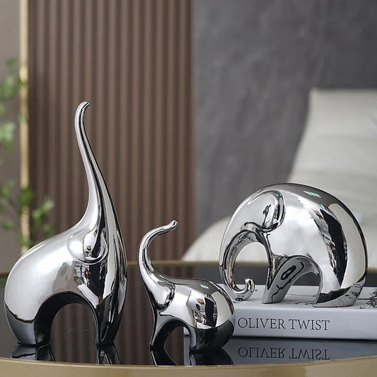 Set of 3 Silver Electroplated Ceramic Elephant Ornaments - Goraya Nesting 