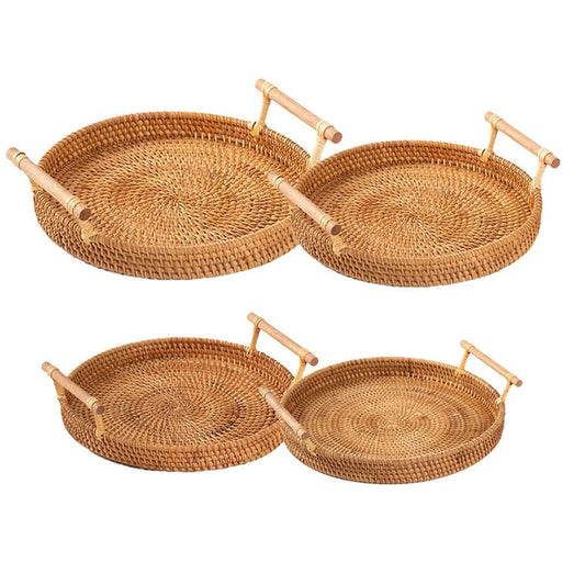Set of 4 Handwoven Rattan Round Tray With Wooden Handle - Goraya Nesting 