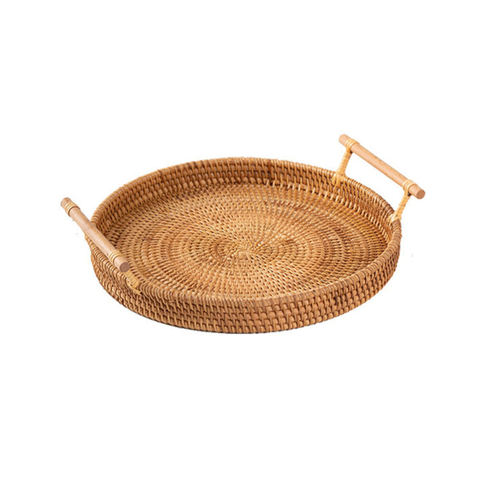 Set of 4 Handwoven Rattan Round Tray With Wooden Handle - Goraya Nesting 