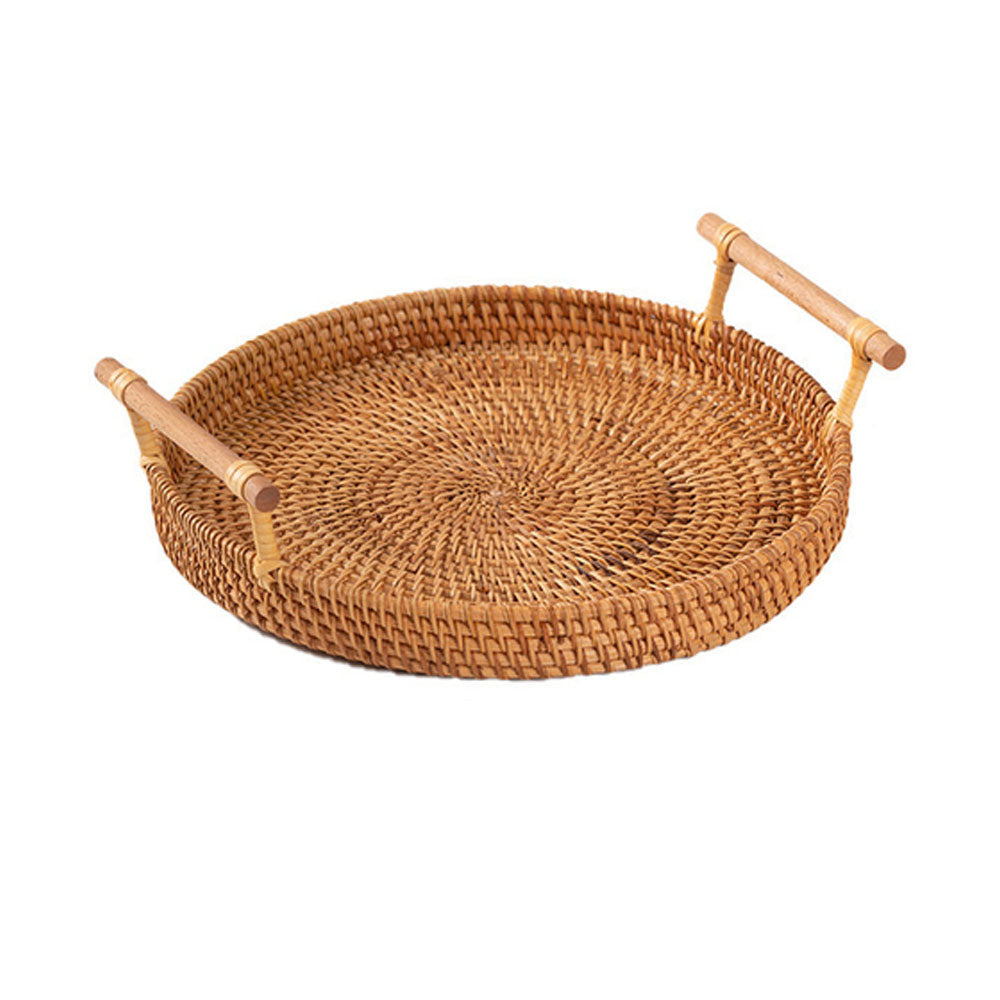 Set of 4 Handwoven Rattan Round Tray With Wooden Handle - Goraya Nesting 