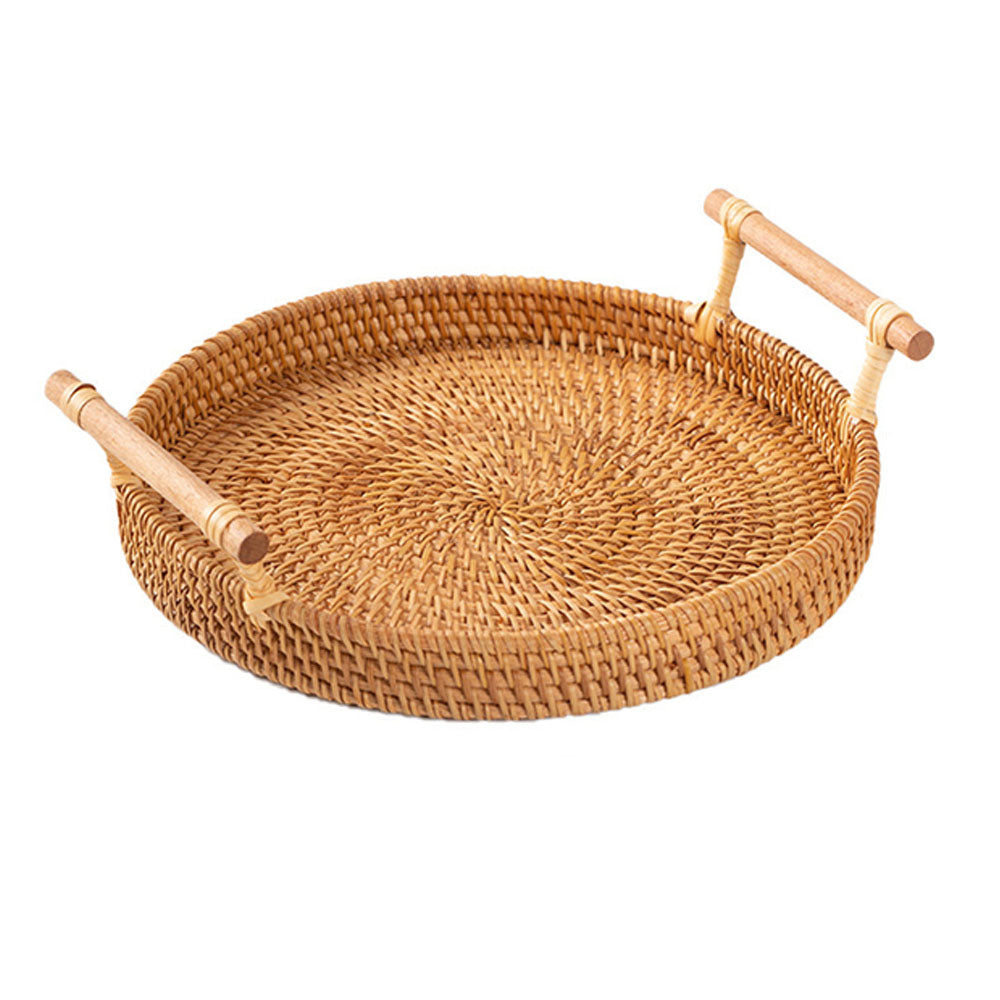 Set of 4 Handwoven Rattan Round Tray With Wooden Handle - Goraya Nesting 