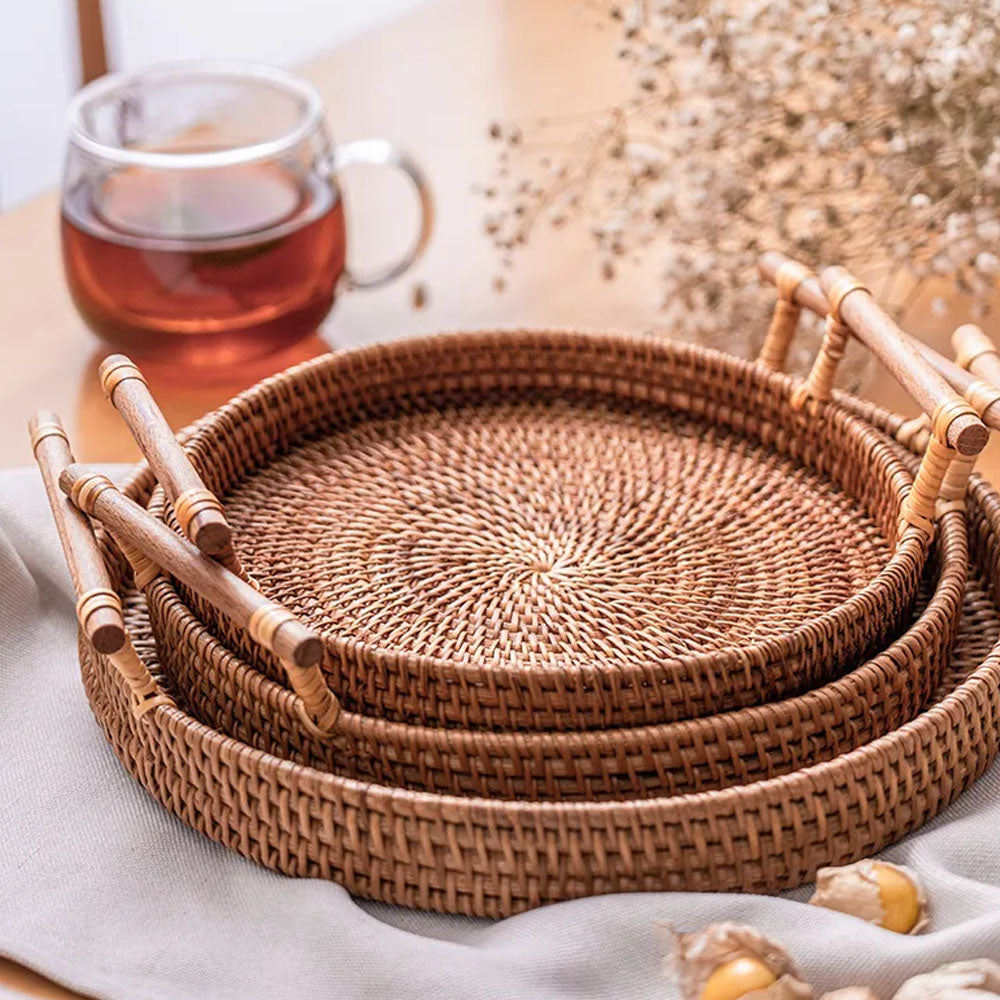 Set of 4 Handwoven Rattan Round Tray With Wooden Handle - Goraya Nesting 