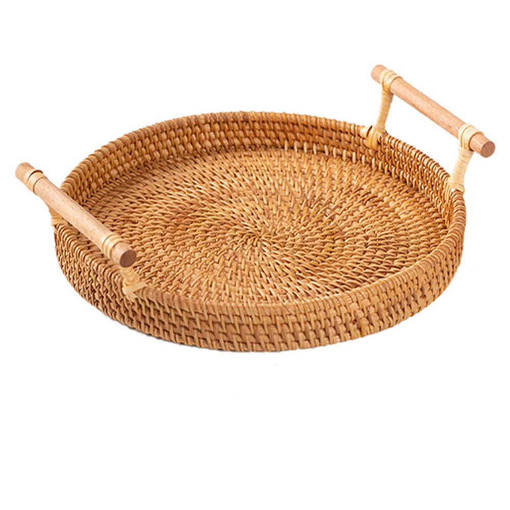 Set of 4 Handwoven Rattan Round Tray With Wooden Handle - Goraya Nesting 